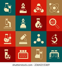 Set Test tube, Microscope, Microorganisms under magnifier, Ozone, Alcohol spirit burner,  and with toxic liquid icon. Vector