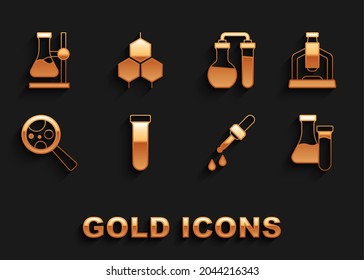 Set Test tube, Microscope, Pipette, Microorganisms under magnifier, flask on stand and Chemical formula icon. Vector