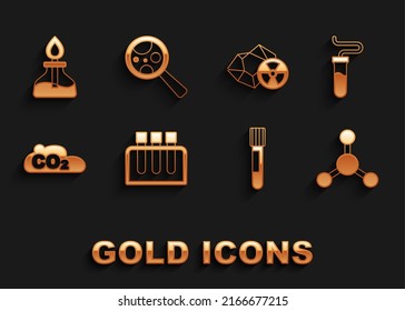 Set Test tube, Molecule, CO2 emissions in cloud, Radioactive, Alcohol or spirit burner and Microorganisms under magnifier icon. Vector