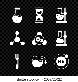 Set Test Tube, Old Hourglass, Flask On Stand, Helium, Molecule And Ozone Icon. Vector