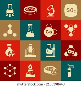 Ajuste el icono Tubo de prueba, Ozono, Molécula, Microscopio y Calcio mineral. Vector