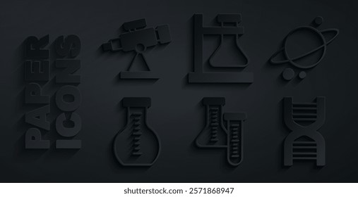 Set Test tube, Planet Saturn, DNA symbol, flask on stand and Telescope icon. Vector