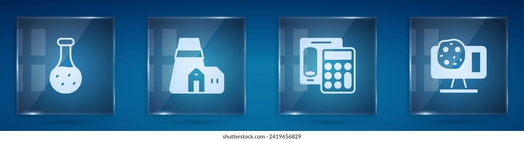 Set Test tube, Power station plant, Calculator and Genetic engineering. Square glass panels. Vector