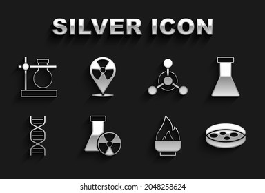 Set Test tube radiation, and flask, Petri dish with bacteria, Alcohol or spirit burner, DNA symbol, Molecule, stand and Radioactive in location icon. Vector