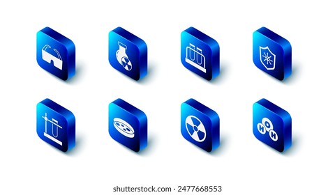 Set Test tube radiation, and flask, Shield protecting from virus, Chemical formula for H2O, Radioactive, Petri dish with bacteria, stand and Safety goggle glasses icon. Vector