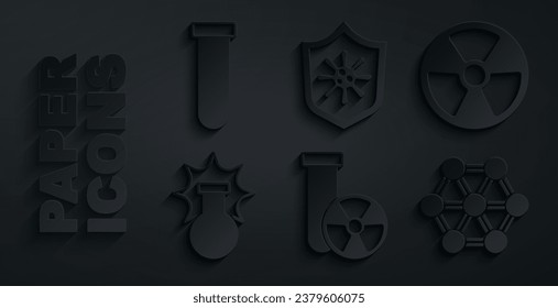 Set Test tube radiation, Radioactive, Chemical explosion, Molecule, Shield protecting from virus and and flask icon. Vector