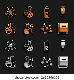 Set Test tube, Syringe, Science book, Chemical formula, Basic geometric shapes, Battery, Molecule and with toxic liquid icon. Vector