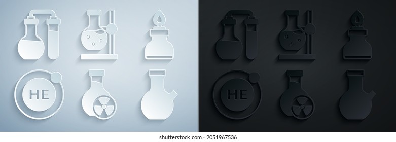 Set Test tube with toxic liquid, Alcohol or spirit burner, Helium, flask on stand and  icon. Vector