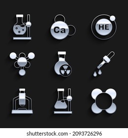 Set Test tube with toxic liquid, flask on stand, Molecule, Pipette, Microscope, Helium and  icon. Vector