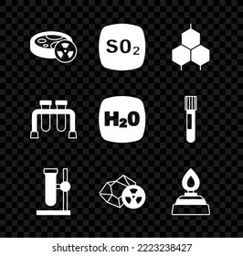 Set Test tube with toxic liquid, Sulfur dioxide SO2, Chemical formula, flask on stand, Radioactive, Alcohol spirit burner,  and H2O icon. Vector