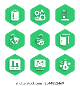 Set Test tube with toxic liquid, Genetic engineering, Medicine pill, Height geometrical figure, Graph chart infographic, Graduation cap, flask stand and To do list or planning icon. Vector