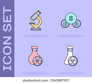 Set Test tube with toxic liquid, Microscope,  and Sulfur dioxide SO2 icon. Vector