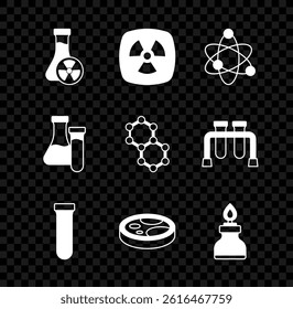 Set Test tube with toxic liquid, Radioactive, Atom, Petri dish bacteria, Alcohol or spirit burner,  and Molecule icon. Vector