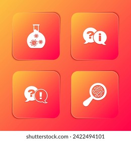 Set Test tube with virus, Question and Exclamation,  and Microorganisms under magnifier icon. Vector