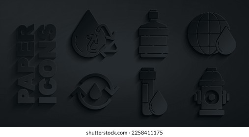 Set Test tube with water drop, Earth planet in, Recycle clean aqua, Fire hydrant, Big bottle and  icon. Vector