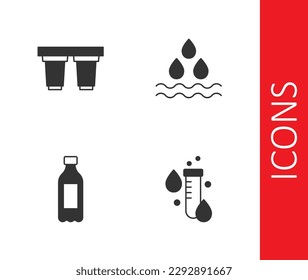 Set Test tube with water drop, Water filter cartridge, Bottle of and  icon. Vector