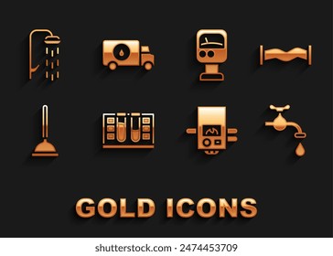 Set Test tube with water drop, Industry metallic pipe, Water tap, Gas boiler, Rubber plunger, Pressure meter, Shower and Plumber service car icon. Vector