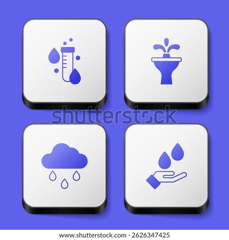 Set Test tube with water drop, Fountain, Cloud rain and Washing hands soap icon. White square button. Vector