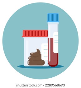Set of test tubes. Blood and stool. Medical equipment. Plastic containers with biomaterial. Laboratory analysis. Vector illustration