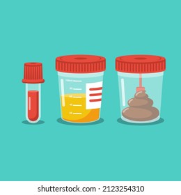 Set test tubes. Blood urine and stool. Medical equipment. Specimen analysis. Plastic containers with biomaterial. Laboratory analysis. Vector illustration flat design. Isolated on white background.