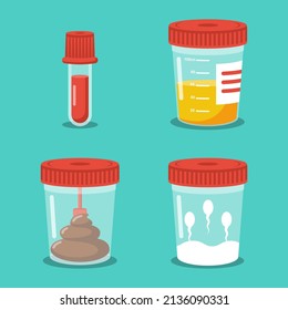 Establecer tubos de ensayo. Sangre, orina, esperma y heces. Equipo médico. Análisis de muestras. Contenedores de plástico con biomaterial. Análisis de laboratorio. Diseño plano vectorial. Aislado sobre fondo blanco.