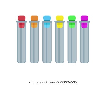 Conjunto de tubos de ensayo con tapones de colores rellenos, investigación clínica de laboratorio - Vector, ilustración en color