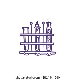 Conjunto de tubos de ensayo en un soporte para experimentos químicos. Tubos de vidrio con algunos agentes para laboratorio químico. Ilustración vectorial aislada en estilo doodle