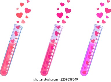 Un conjunto de tubos de ensayo con una poción de amor. Corazones volando fuera de un tubo de ensayo. Símbolo de amor, ilustración vectorial aislada del fondo. Química del amor