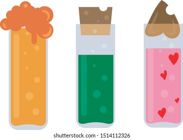Set of test tubes with magic potion on a white background. Vector illustration, flat, isolated.