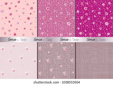 A set of testers with cute floral patterns with small cherry blossoms and circles. Delicate motifs are scattered randomly. Seamless vector texture. Elegant template for fashion prints. 