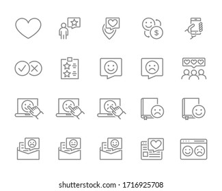Set of testimonial line icons. Add to favorites, positive feedback, lovely place, checkmarks and more.