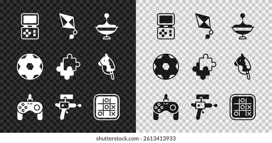 Set Tetris electronic game, Kite, Whirligig toy, Gamepad, Ray gun, Tic tac toe, Soccer football ball and Puzzle pieces icon. Vector