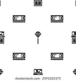 Set Tetris, Lollipop and VHS video cassette tape on seamless pattern. Vector