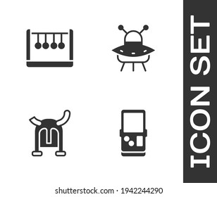 Set Tetris, Pendulum, Viking in horned helmet and UFO flying spaceship icon. Vector