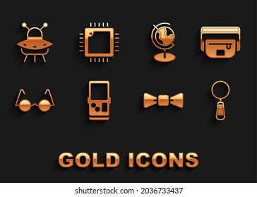 Set Tetris, Waist bag of banana, Magnifying glass, Bow tie, Eyeglasses, Earth globe, UFO flying spaceship and Processor with CPU icon. Vector