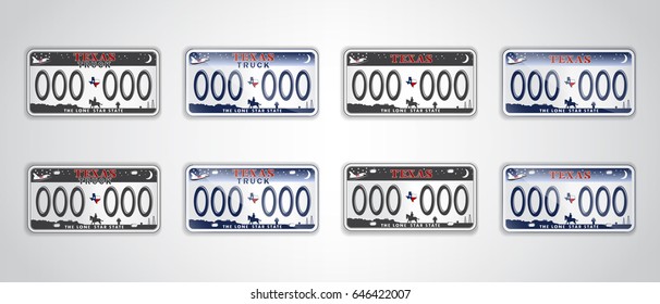 Set Texas auto license plate. Detailed object. Flat vector illustration.