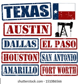 Set of Texas cities stamps on white background, vector illustration