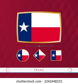 Set of Texas flags with gold frame for use at sporting events on a burgundy abstract background. Vector collection of flags.