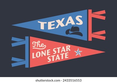 Conjunto de banderines de Texas. Bandera gráfica retro vintage, banderín, estrella, signo, símbolos de Estados Unidos. El Estado de la Estrella Solitaria.