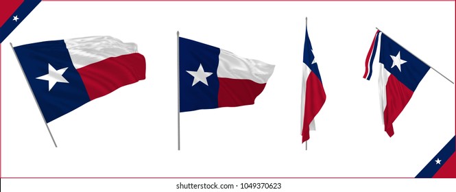 Set of Texas state waving flag in solemn or proud style. Vector illustration.
