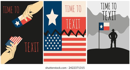 Set TEXIT concept. Hand holding flag. Banner with man silhouette and Texas flag. Texas exit USA art isolated black background. Vector illustration for web and social media.