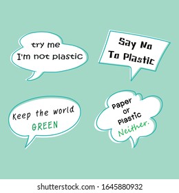Set Text balloon No Plastic. Say no to plastic bag concept. Balloon Text. Say no to plastic. Vector illustration. 