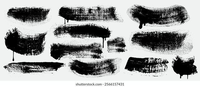 Set of text boxes black brush strokes vector. Grunge design elements paintbrush collection. Dirty texture banners. Painted rectangles and long strokes. Dry brush paint on canvas. Vector illustration.