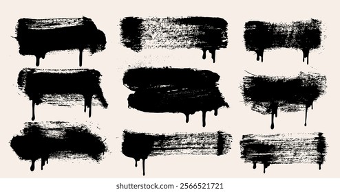 Set of text boxes brush strokes vector. Paintbrush with drips. Grunge elements. Dirty texture splashes, streaks. Painted rectangles, long and diagonal strokes distressed font with dry brush strokes.