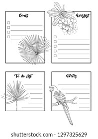 Set of text boxes for bullet journal or notes with tropical plans, flowers and birds. Stickers, elements for design. Outline hand drawing vector illustration. Isolated on white background.