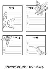Set of text boxes for bullet journal or notes with tropical plans, flowers and birds. Stickers, elements for design. Outline hand drawing vector illustration. Isolated on white background.