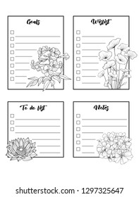 Set of text boxes for bullet journal or notes with tropical plans, flowers and birds. Stickers, elements for design. Outline hand drawing vector illustration. Isolated on white background.