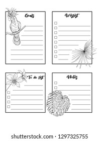 Set of text boxes for bullet journal or notes with tropical plans, flowers and birds. Stickers, elements for design. Outline hand drawing vector illustration. Isolated on white background.