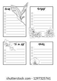Set of text boxes for bullet journal or notes with tropical plans, flowers and birds. Stickers, elements for design. Outline hand drawing vector illustration. Isolated on white background.