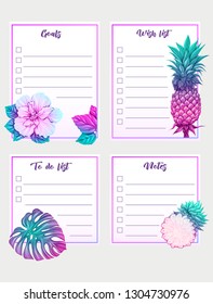 Set of text boxes for bullet journal or notes with tropical plans, flowers and birds. Stickers, elements for design.  In neon, fluorescent colors. Vector illustration.
